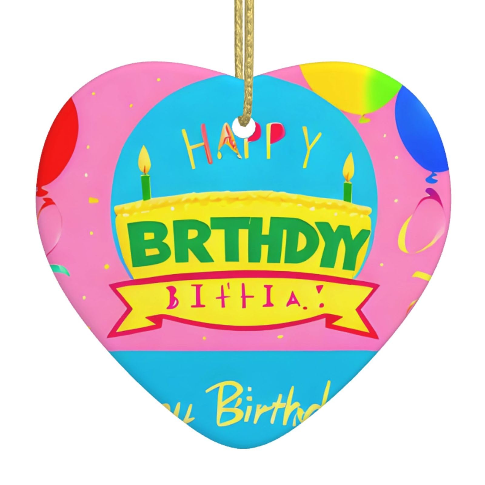 Happy Birthday Balloon Ceramic Christmas Heart Pendant with Silk Thread, Christmas Tree Home Decoration