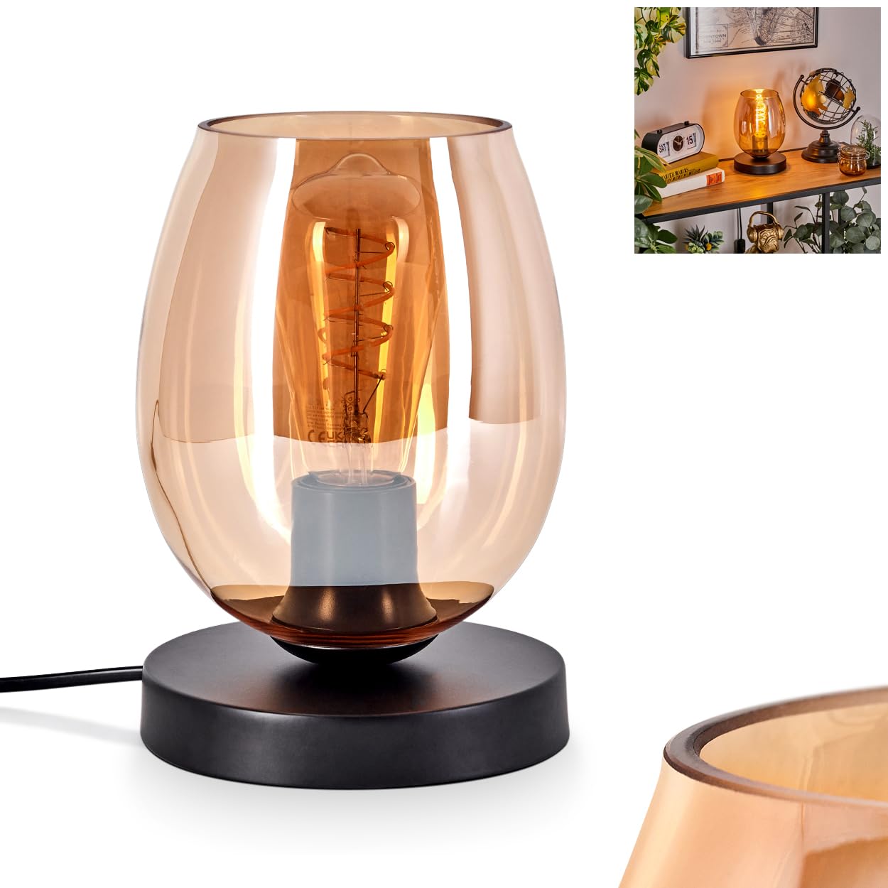 Tafellamp Yahuma, modern bedlampje van metaal in zwart/gouden kleuren, tafellamp 1-lamp in retro/vintage design, 1 x E14, lampje met aan/uit schakelaar op het snoer, zonder gloeilampje