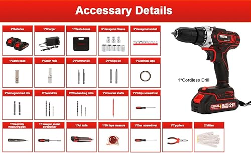 Teeno Avvitatore A Batteria 21V Per Batteria Makita 21V 2 Batterie 2.0Ah,45 Nm Trapano Avvitatore Batteria, 25+1 Impostazione Coppia, 2 Velocità Cacciavite Elettrico, LED,46 Accessori E Valigetta - 7