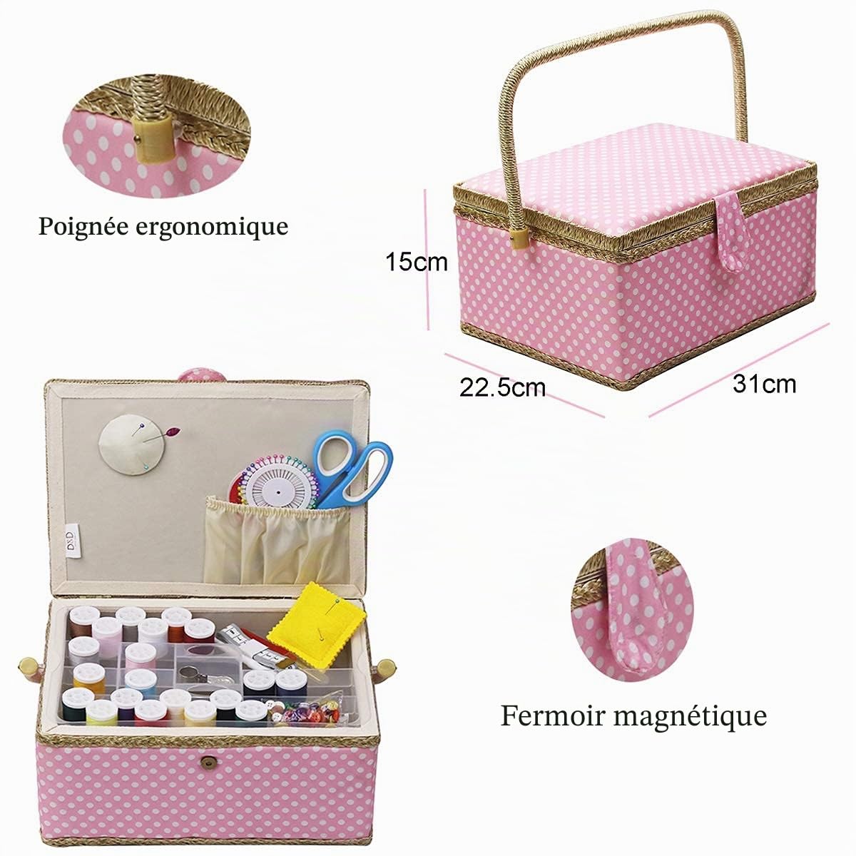 D&D Boîte de couture organisateur de rangement de kit de couture pour la maison et un usage quotidien (rose)