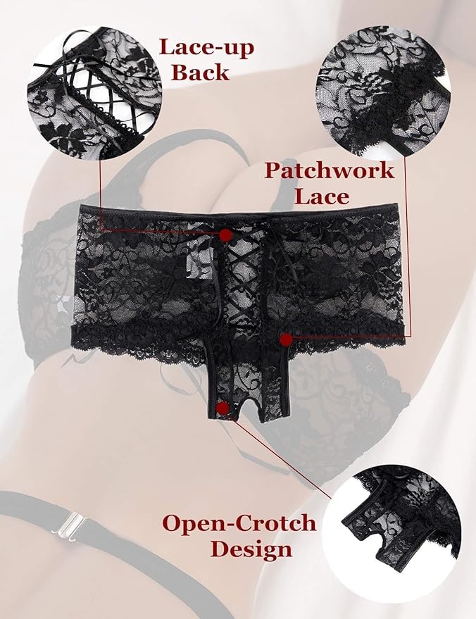 Französische Unterhosen für Damen in Übergröße, durchsichtige Spitzen-Unterwäsche, Tangas, weiche, dehnbare, überkreuzte Schnürung, durchsichtige Hipster-Slips, sexy Höschen, hinten ausgehöhlte Slips,