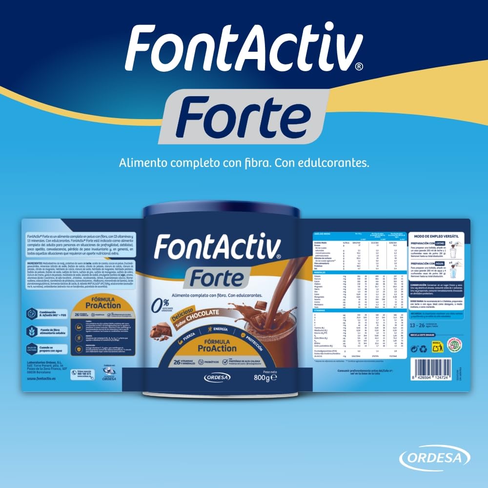 FontActiv Forte ProAction Chocolate | 800g | Suplemento Nutricional con Fibra para Adultos - 0% Azúcares añadidos