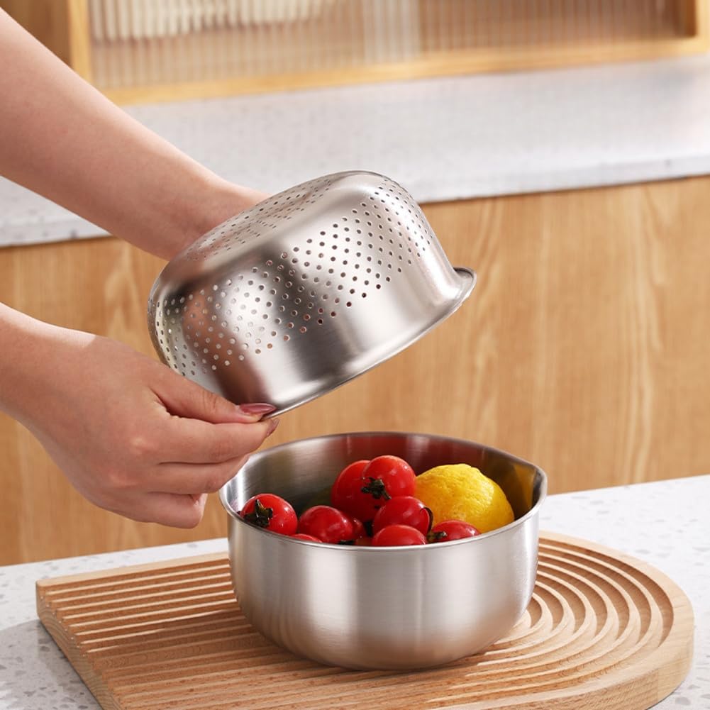 Juego de colador de acero inoxidable, 2 piezas de colador de frutas y verduras con cuenco medidor, cesta de drenaje de pasta para uso en cocina y campamento (M)