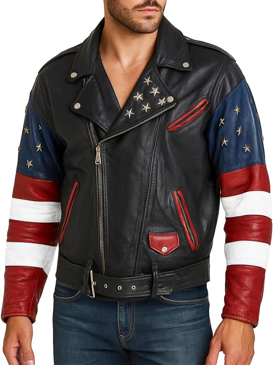 LP-FACON Men's Motorcycle American USA Flag Brando Leather Jacket - Motorbike Leather Jacket Real/Faux