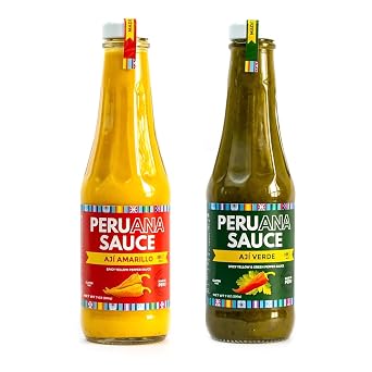 Peruana Aji Amarillo & Aji Verde Peruvian Sauce Combo Authentic Gourmet Yellow Chili Pepper & Green Garlic Sauces, 7 fl oz Bottles, Creamy Spicy Condiments for Chicken, Fries & Sandwiches