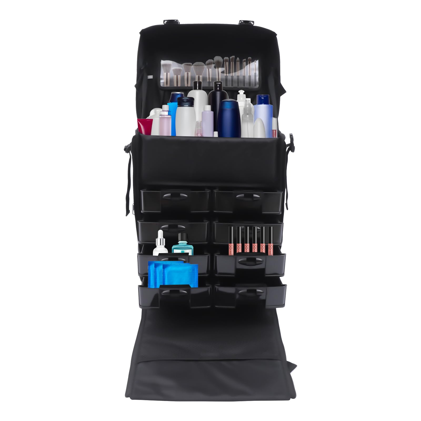 Valigetta cosmetica 2 in 1, per trucchi, colore nero, grande valigetta da parrucchiere con 8 cassetti, ruote professionali