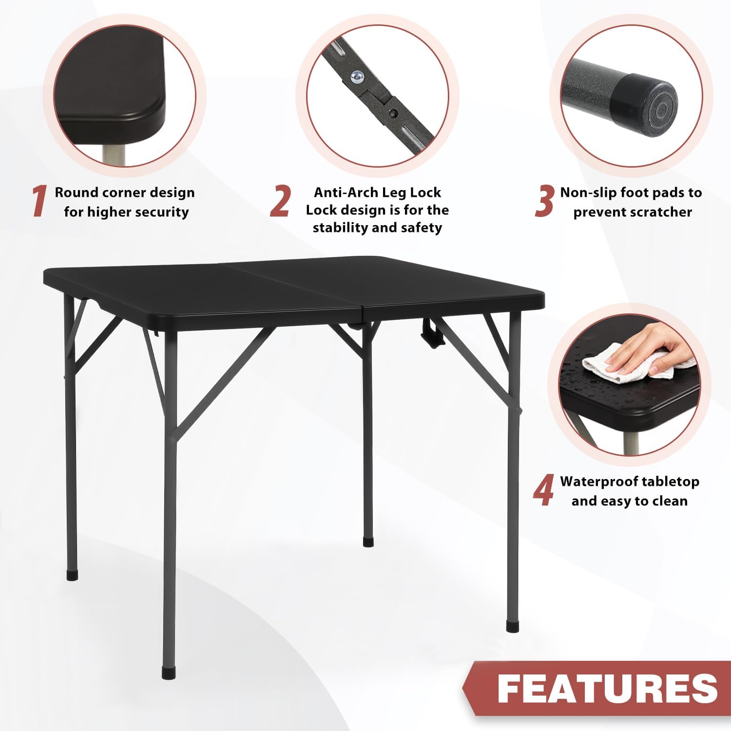 34" Square Folding Card Table, Fold-in-Half Utility Dining Portable Tables Heavy Duty HDPE Plastic Foldable Table with Carrying Handle Indoor Outdoor for Picnic, Camping, Party, Black