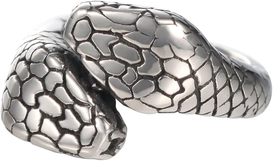 Men's 316l Stainless Steel Double Snake Head Ring Band,Retro Pattern Gothic Tribal Biker Opening Ring Silver Black,Sizes 7-13