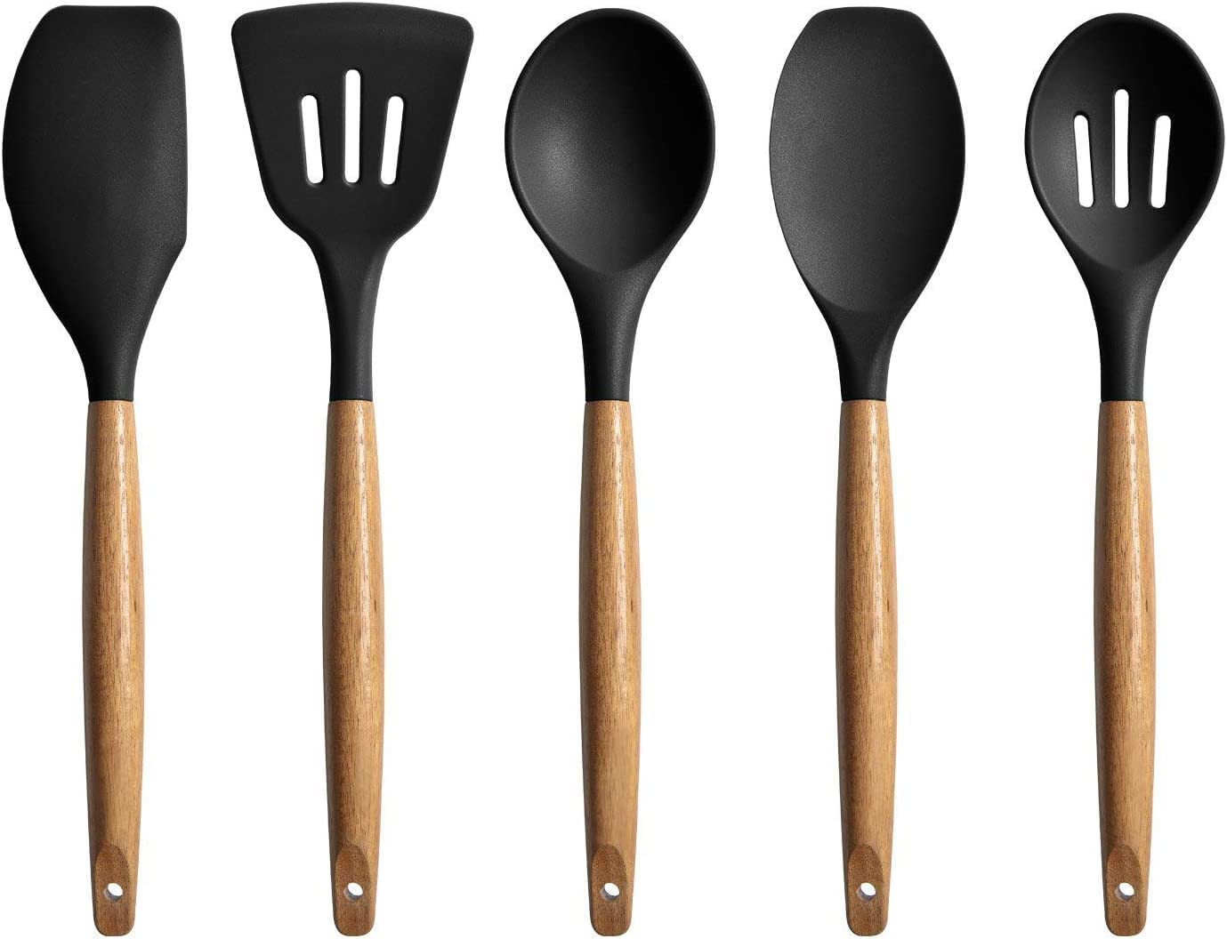 WOODTULA 5-Piece Silicone Spatula Set with Wooden Handle Kitchen Utensils Spatula Set - Non-Stick Cookware - Slotted Spatula (Red)