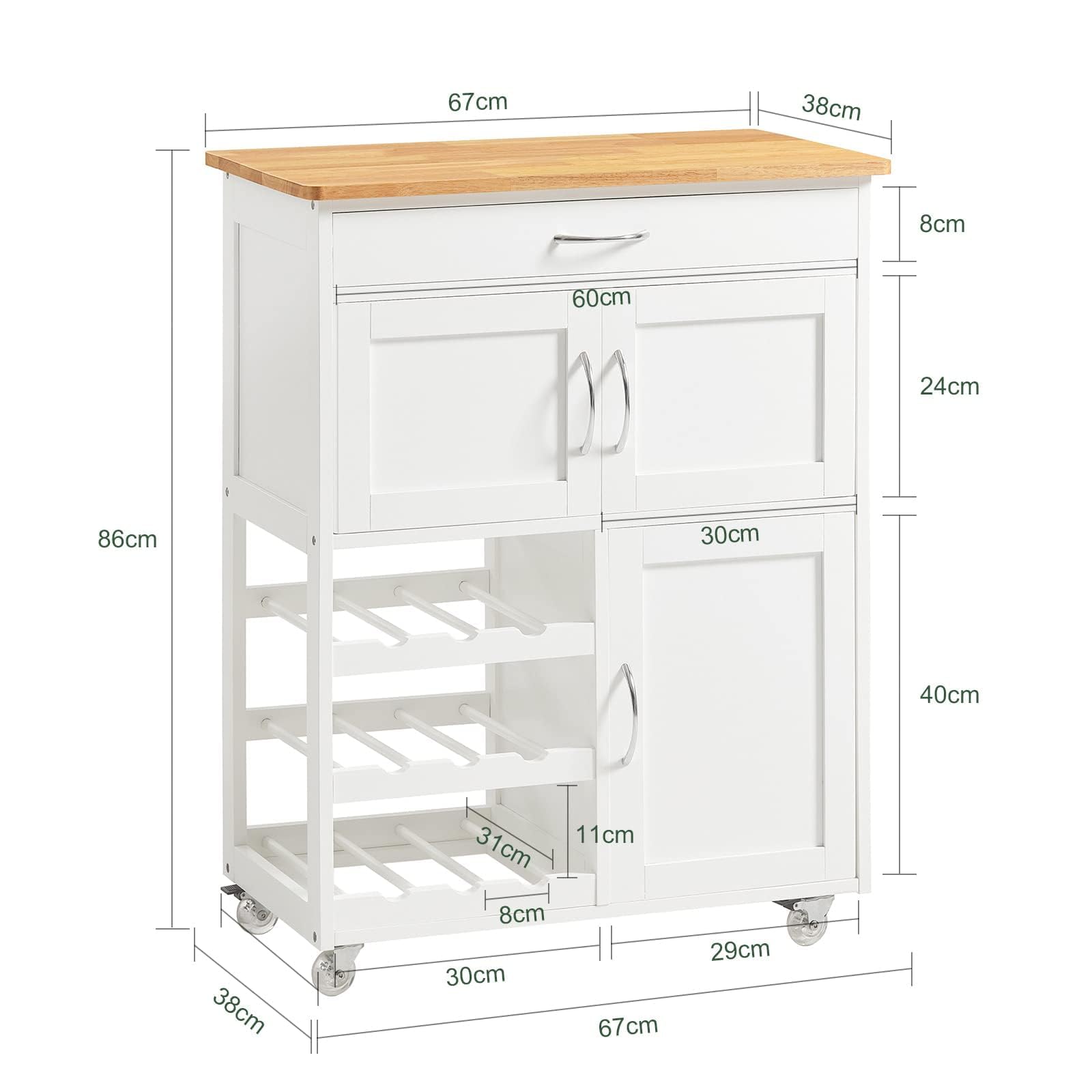 SoBuy Carrito Auxiliar de Cocina con Ruedas Mueble Cocina Auxiliar con Cajón, Botellero y Estantes Carro Cocina Multifuncional como Mesa Auxiliar para Estantería Comedor Exteriores Blanco FKW45-WN