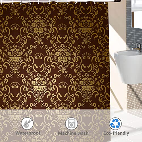 Baonews Brown Gold Damask Decor Shower Curtain Set,Floral Royal Flowers Crowns Victorian Polyester Shower Curtain For Shower Stall Bathroom Waterproof With 12 Hooks 72X72 Inch #TOP1