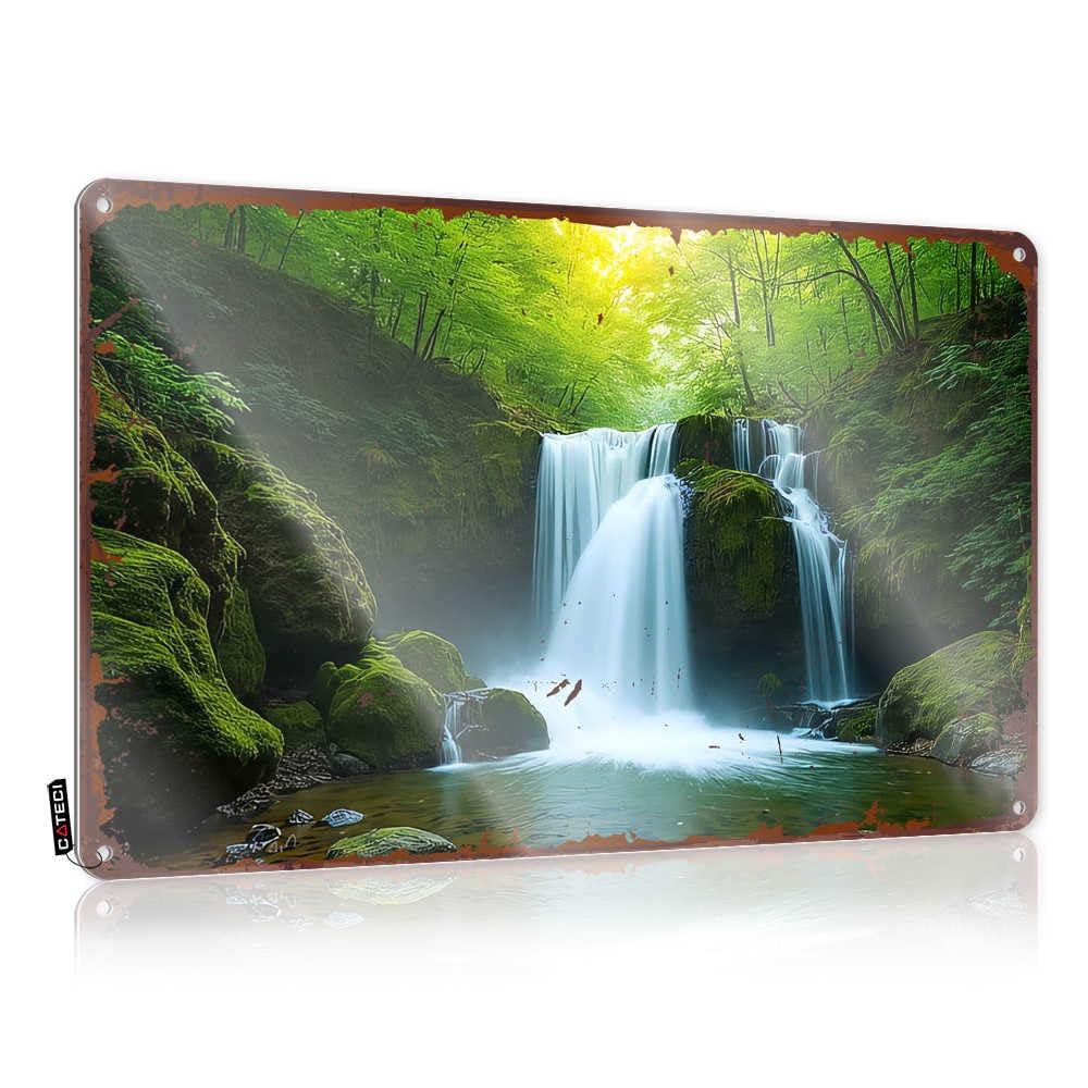 Fzfn Men's Colour Funny Wall Art Teen Boy Room Decor Custom Tin Sign, Accessories Fade Resistant Serene Forest Waterfall With Lush Greenery And Sunlight Filtering For Home Kitchen | Patriotic(20X30cm)
