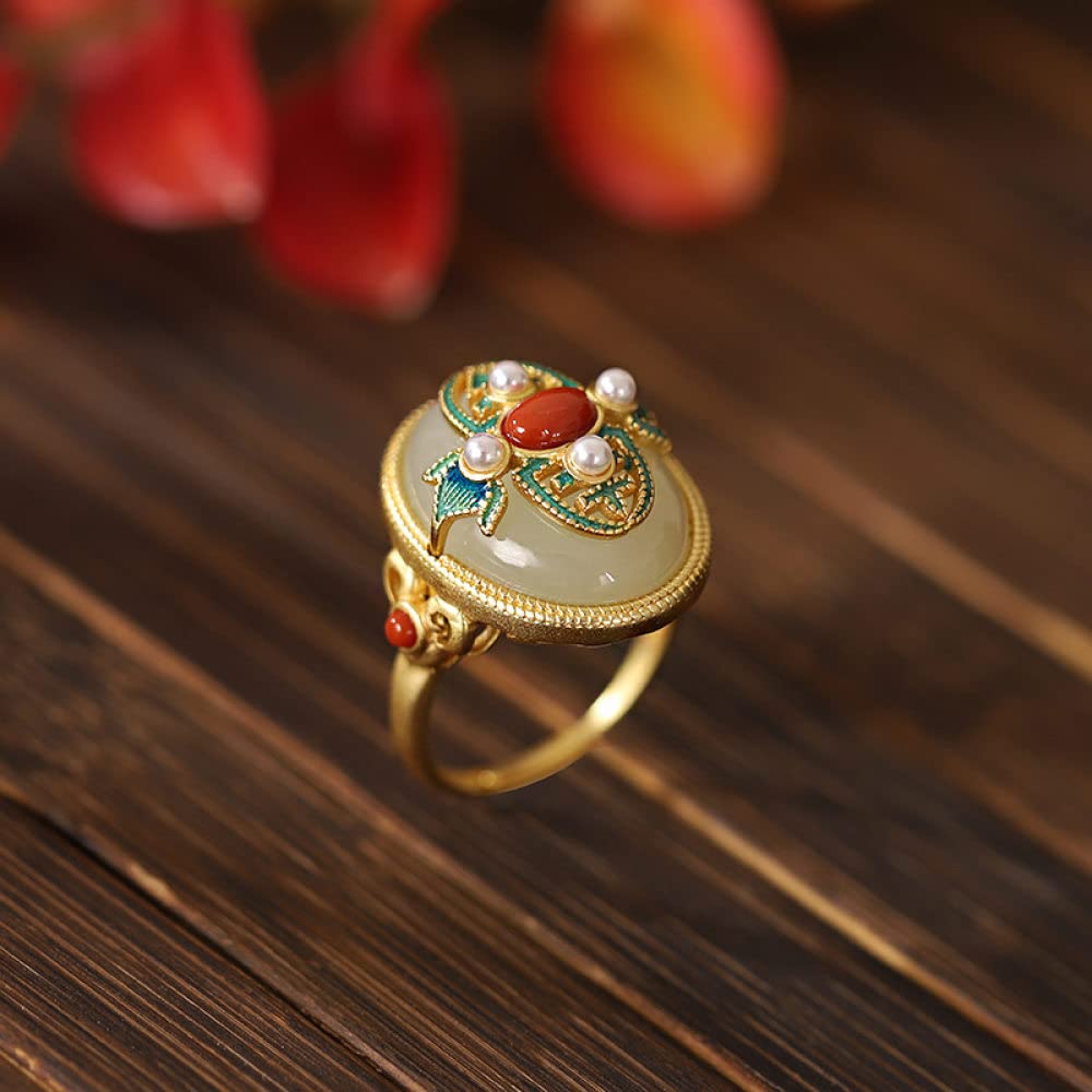 Anello Regolabile,Anello Regolabile per Donna Giada Hetian Ovale in Argento Sterling 925 Perle Impreziosite Agata retrò Placcato Oro Anelli Nocche in Pietra Naturale Matrimonio Gioielli per L'Etern