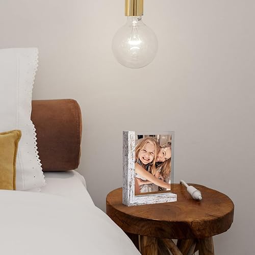 Miniatura 7 de Lavezee Juego de 2 marcos de fotos de 5 x 7, marco de doble cara con soporte vertical horizontal en forma de L blanco envejecido para arte