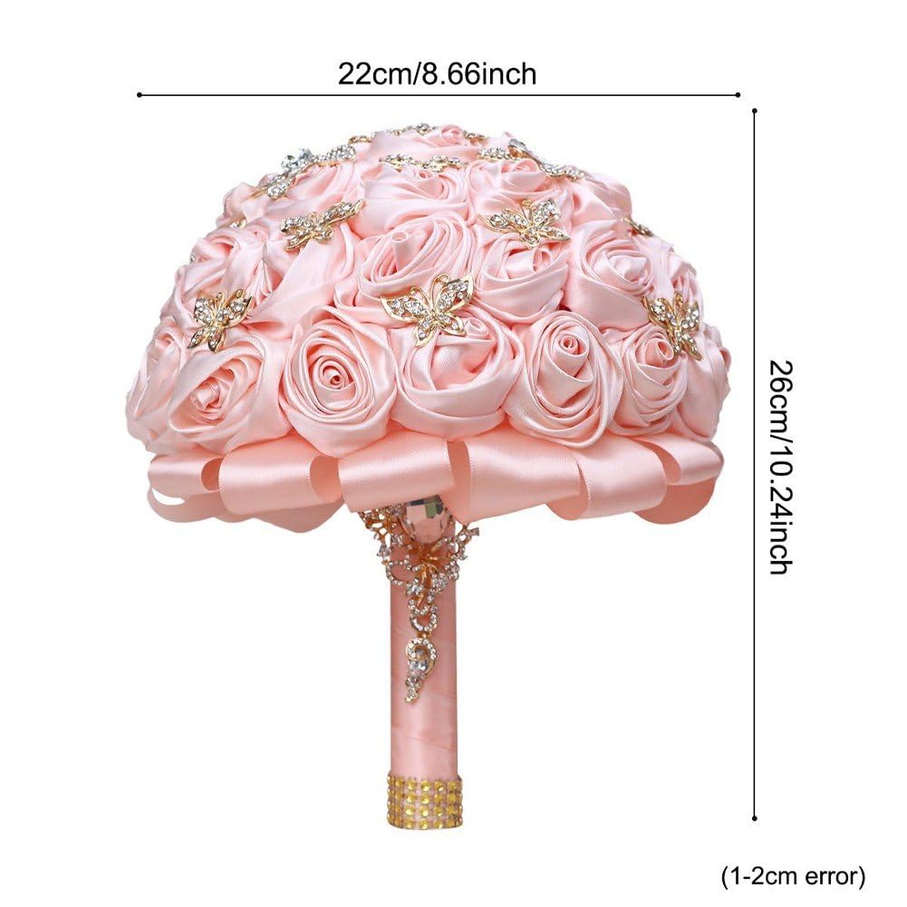 Hrippy Bouquet Sposa con Rose Artificiali in Raso E, Realizzate a Mano, Mazzolino Floreale per Matrimoni, Compleanni E Cerimonie.