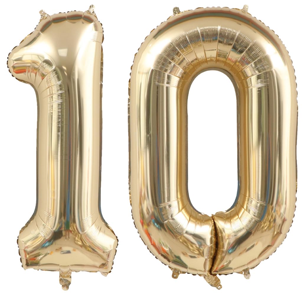 40"Champagne Gold Number 10 Foil Balloon Light Gold 10 Mylar Helium Balloon | for Girls Boys 10th Birthday Anniversary Events Party Decorations Supplies