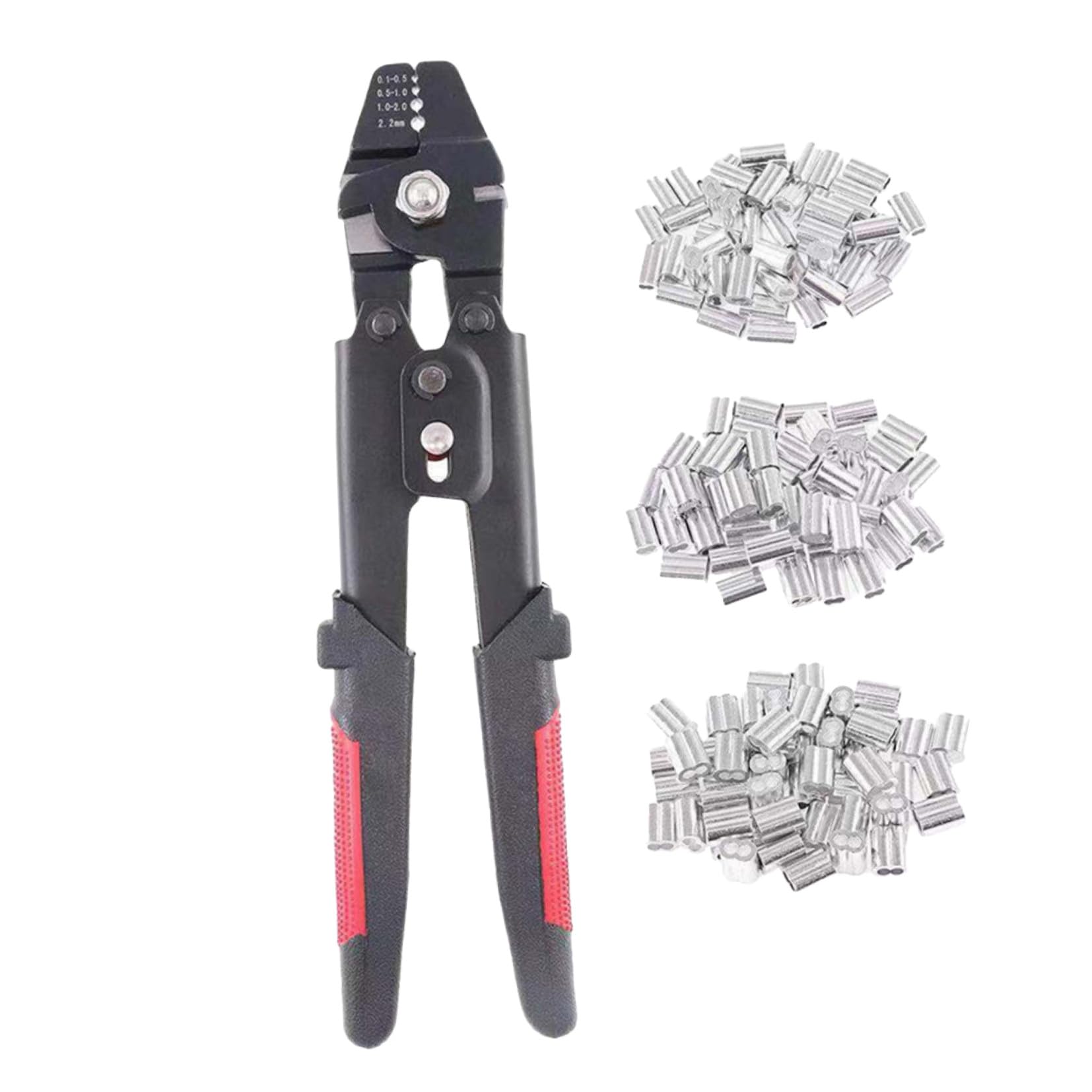 Pinza Crimpatrice per Cavi e Funi con 4 Posizioni M1.2 M1.5 M2 | Acciaio al Carbonio, Blocco Regolabile e Meccanismo Autobloccante, con 180 Manicotti in Alluminio