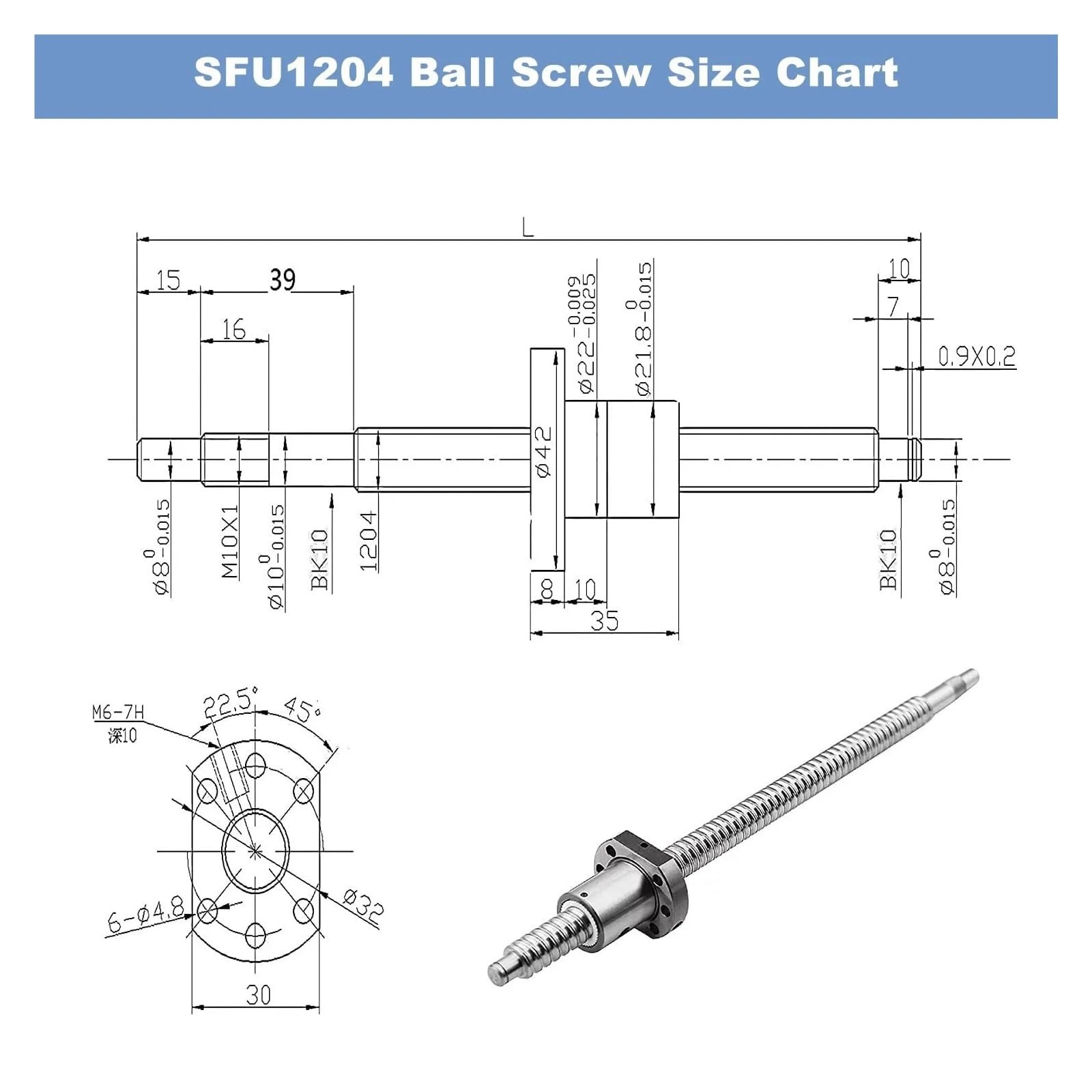 Vis à billes 1204 SFU1204 BK/BF10, extrémité usinée, 12mm, mouvement linéaire, 200mm 550mm, rouleau C7 avec écrou, pièces CNC(400mm With nut)