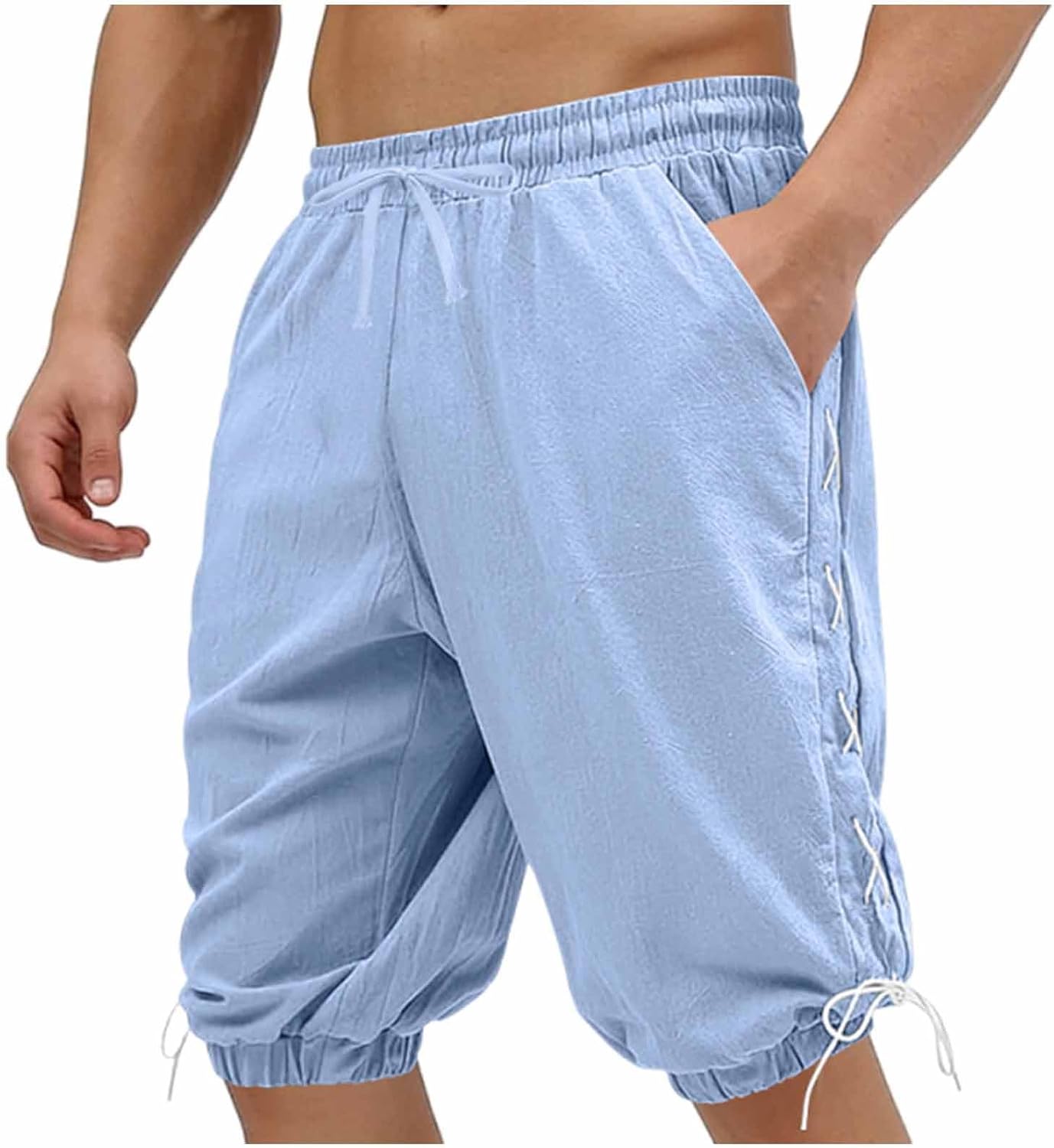 Mens Capri Pants Workout Gym Side Lace Up Capris Drawstring Elastic Waist Lightweight Cropped Trousers with Pocket