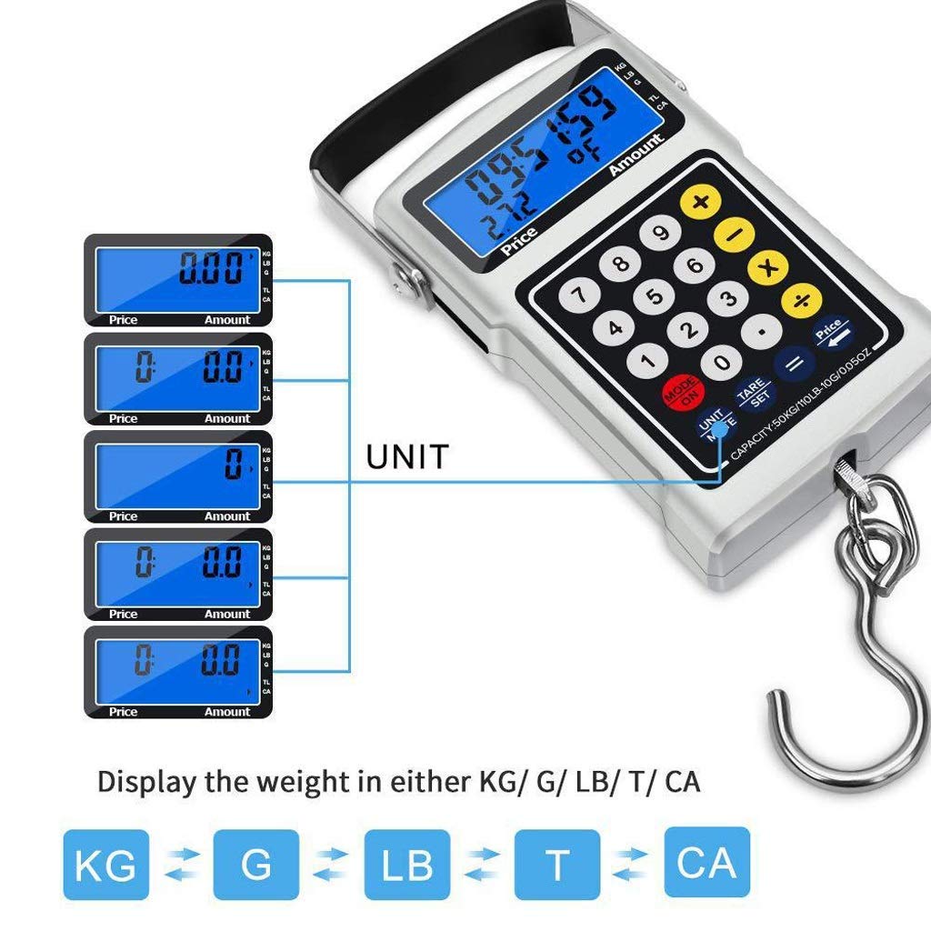 Bilance da cucina, bilance da pesca digitali, bilancia per bagagli LCD retroilluminata da 50 kg/110 libbre con funzione di calcolo del gancio Misuratore di nastro Scala dei prezzi multifunzione