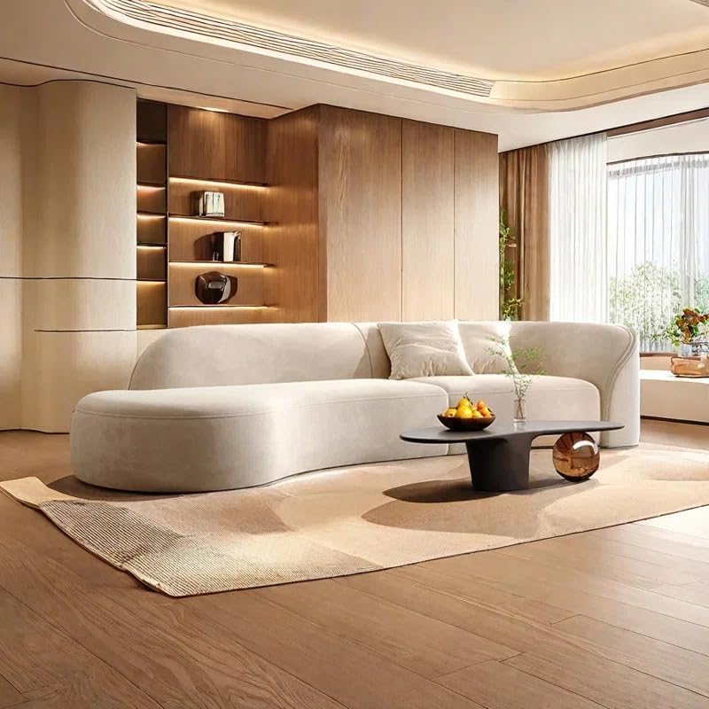 Image of Modern Futuristic J- Style Curved Velvet Sofa, Sectional Sofa Round Arm with Soft Pillow for Living Room, Bedroom, Hallways (Cream)