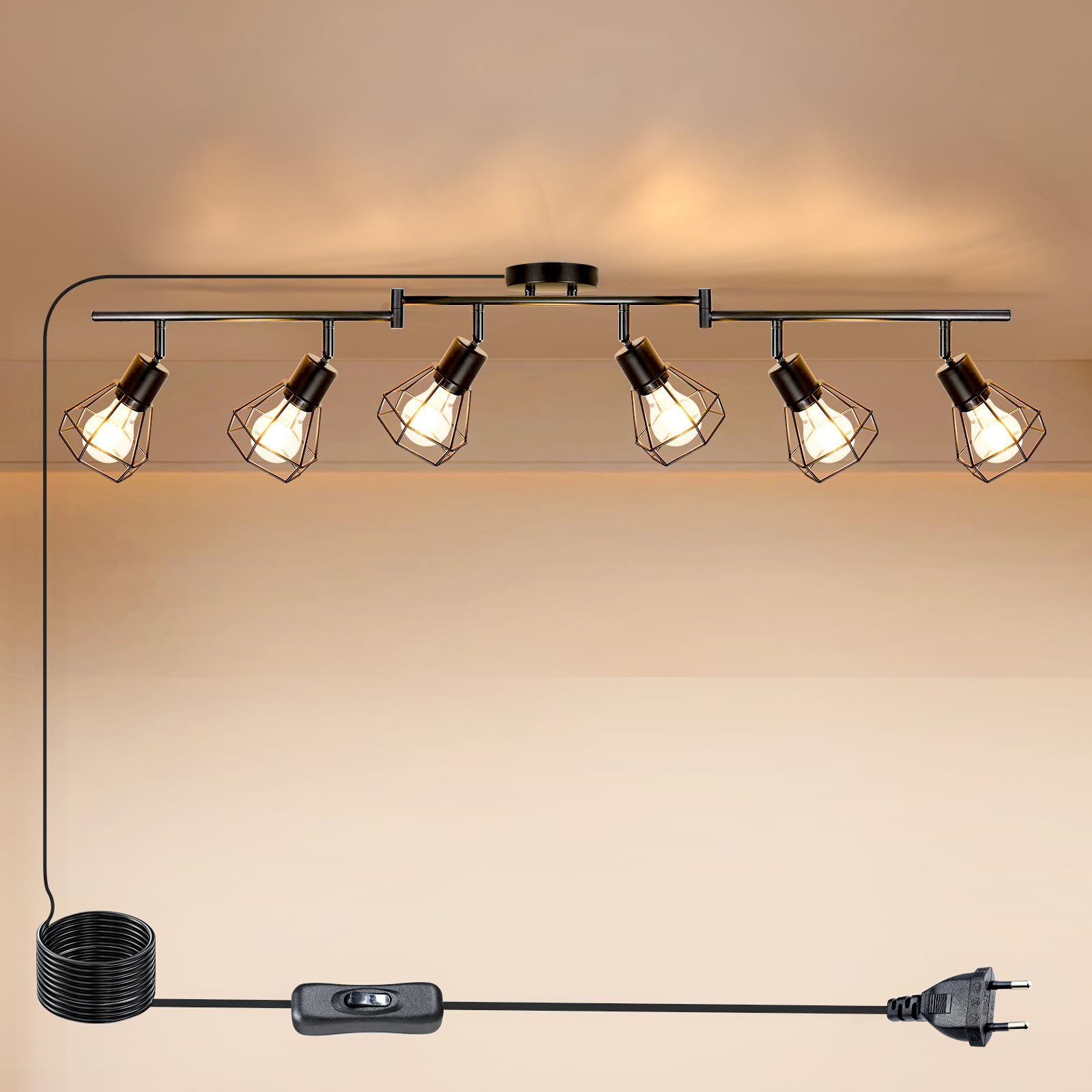 HiBay Deckenstrahler mit Schalter E27 6 Flammig Wandleuchte mit Stecker und Kabel 5M Drehbare 350° Deckenlampe Schwarz Max.60W Ohne Leuchtmittel