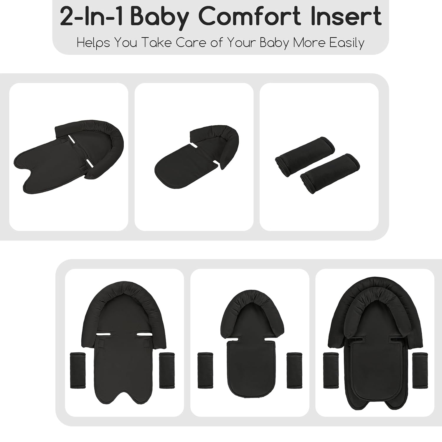 Baby Car Seat Head Support for Newborn, GFU 2 in 1 Infant Car Seat Head Body Support with Strap Pads, Soft Stroller Cushion Pillow Insert for Girls, Fits for Stroller, Swing Black