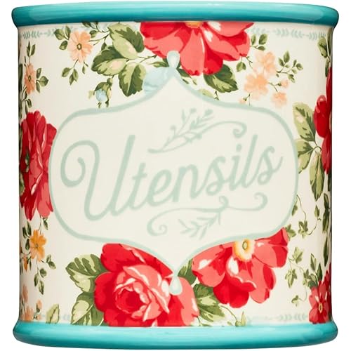 Pioneer Woman Vintage Floral Stoneware Utensil Crock and 1 Pioneer Woman Kitchen Towel, Teal