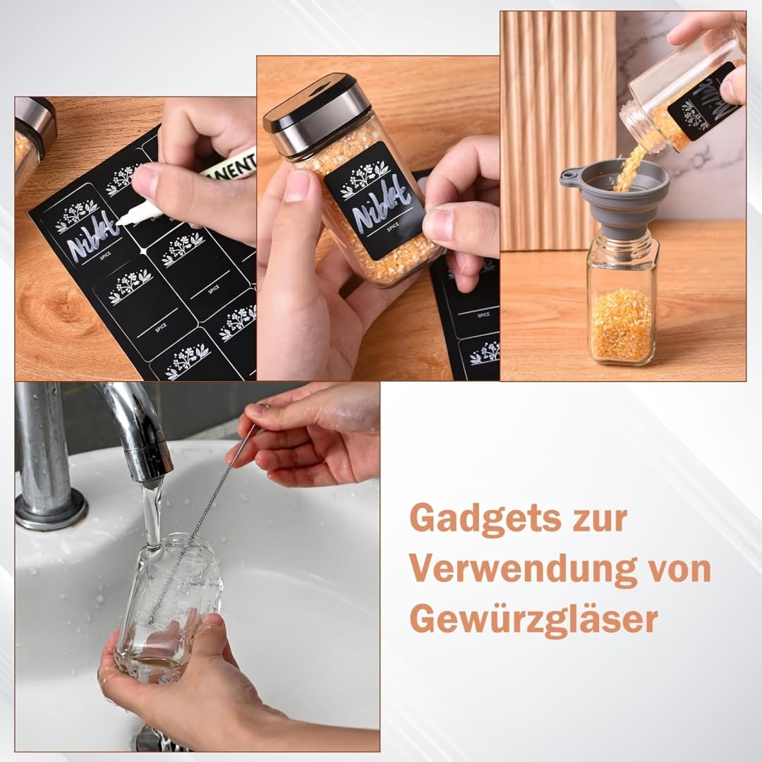 Gewürzgläser 35 Stück Gewürzgläser Eckig 120ML Gewürzstreuer Gewürzdosen mit Drehdeckel Streueinsatz Dichtung Starke Versiegelung Edelstahl-Glas Gewürz Organizer inkl. Trichter Etiketten Stift