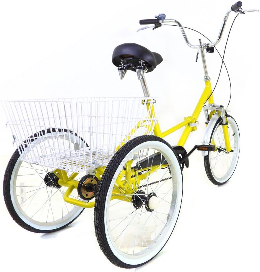 Folding Adult Tricycle, 20 Inch 3-Wheel Bike Single Speed Yellow Adult Trike Bike Tricycle for Adults with Light and Basket Height Adjustable Cruise Trike Elderly Bicycle for Shopping Picnic Beach