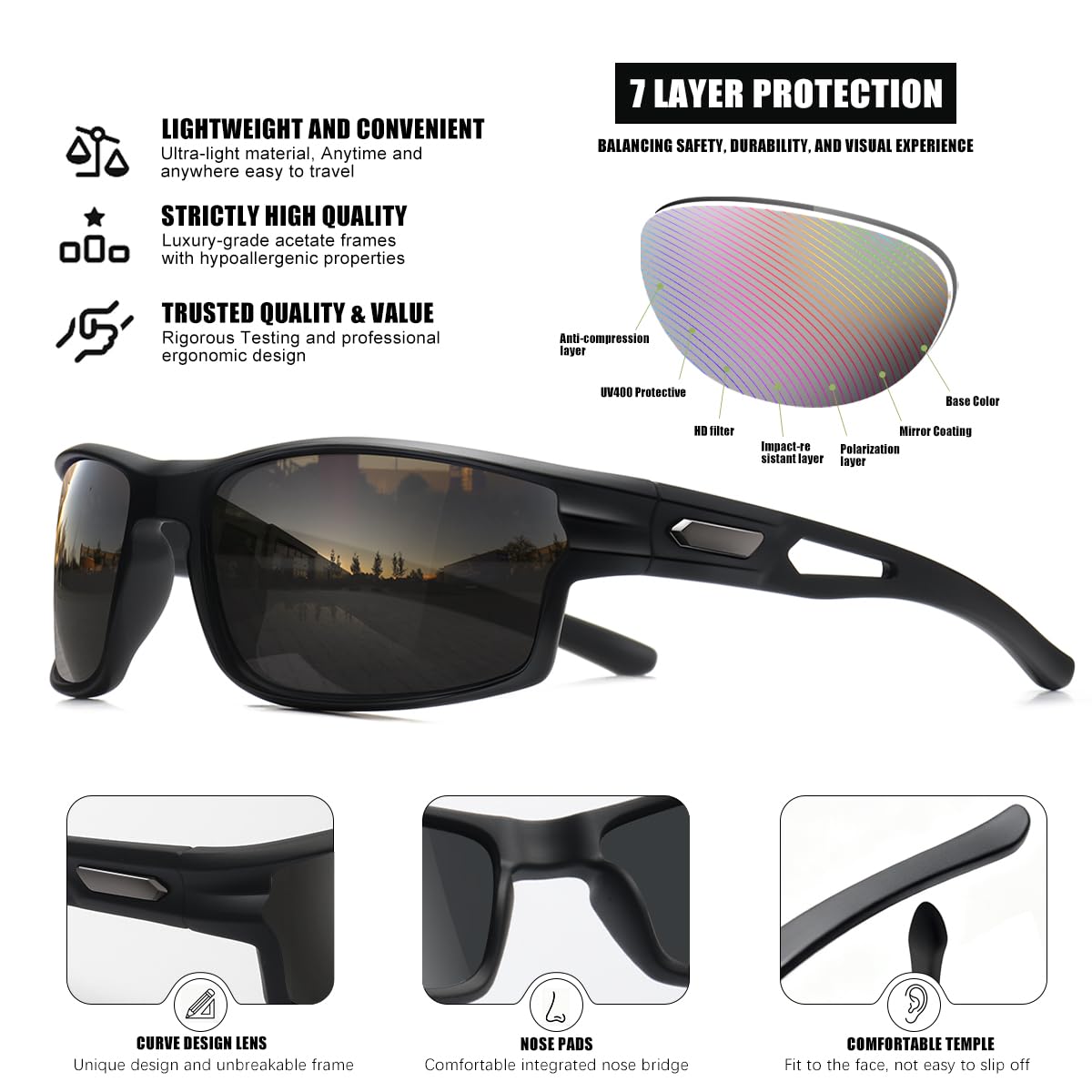 Occhiali da sole sportivi polarizzati da uomo, protezione UV400, leggeri, avvolgenti, per pesca, ciclismo, corsa