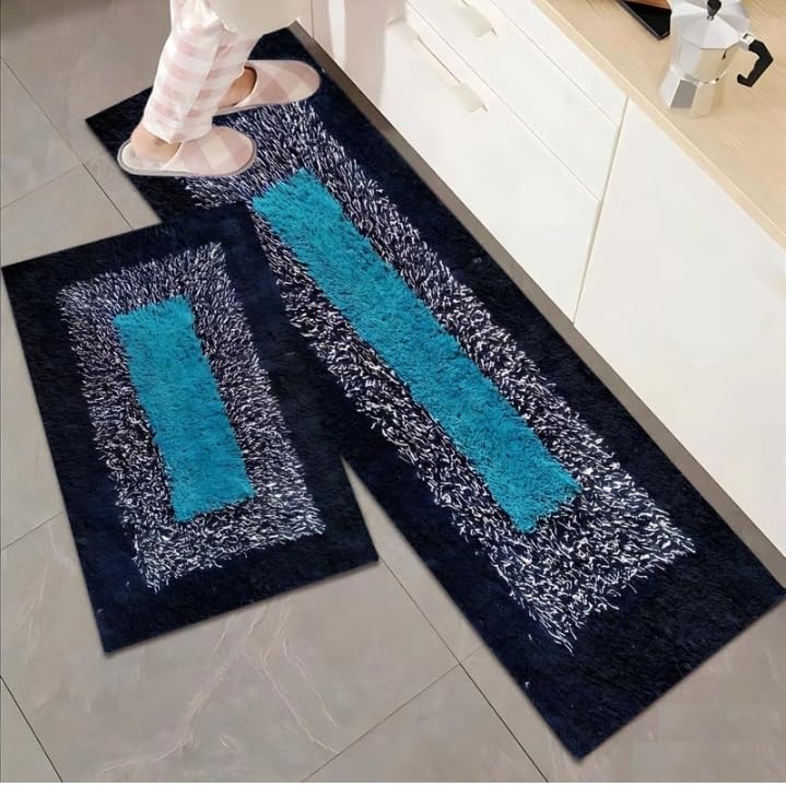 navy blue shaggy kitchen mat set, turquoise centre rectangular pattern, machine washable, anti-slip, 2 piece