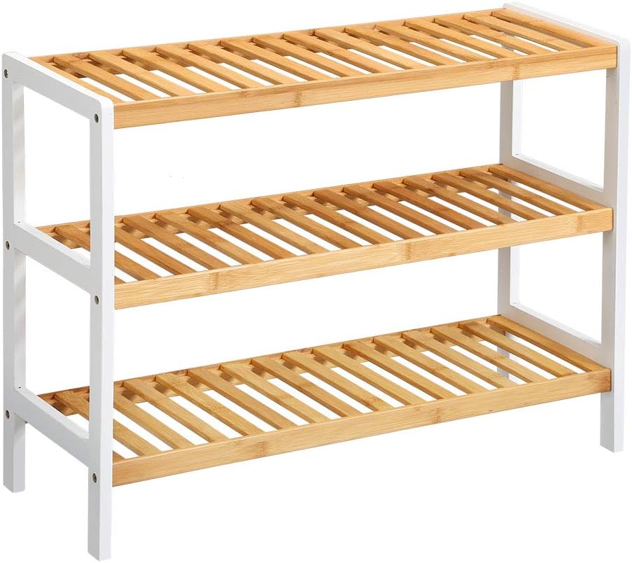 LANGRIA 3 Tier Bamboo Shoe Rack, Free Stand Storage Shelf for Boots Heels Holder, Holds Up to 12 Pairs, 27.5 in W x 9.8 in D x 21.7 in H, Ideal for Entryway Hallway and More