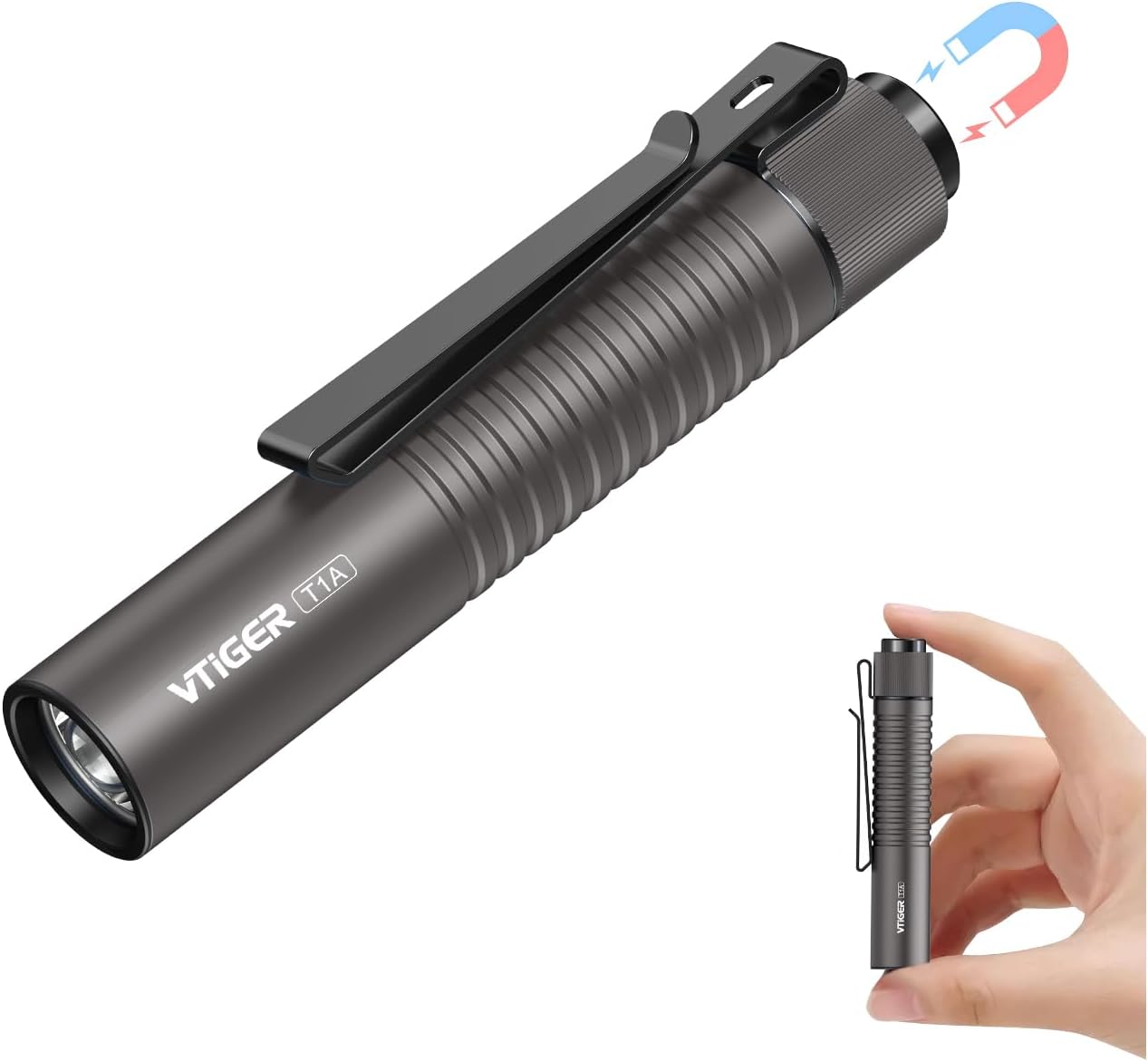 VTIGER T1A Mini Pocket EDC Flashlight with Clip,1300 Lumen Compact AA Rechargeable LED Little Flashlights, Super Bright Tail Switch Small Flash Light with Magnet for Camping,Hiking,Outdoor,Emergency
