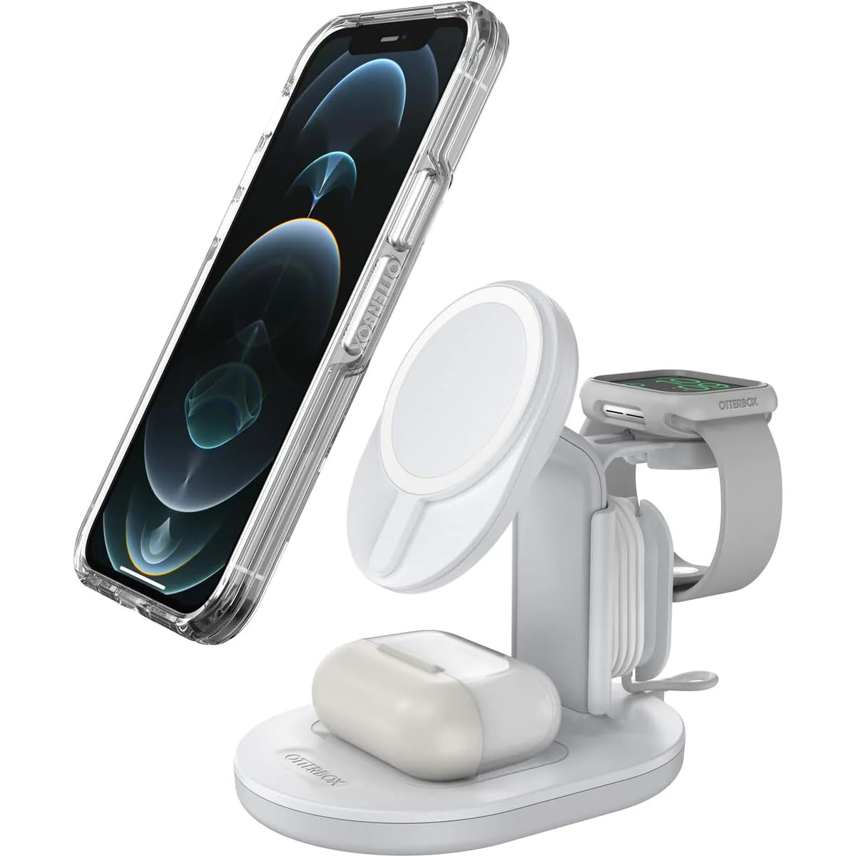 OtterBox Support de Charge 3-en-1 MagSafe, Blanc | Station de recharge au design élégant et léger, alignement et fixation avec avec MagSafe pour iPhone, AirPods et Apple Watch