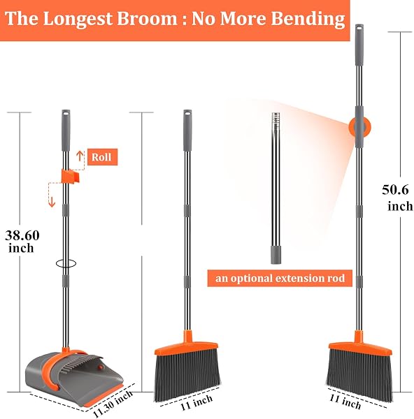 The Ivandar Broom and Dustpan Set features a tall, upright dustpan with integrated comb teeth for easy bristle cleaning.
