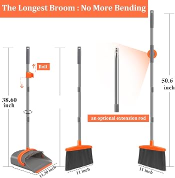 Ivandar Broom and Dustpan Set for Home, Broom and Dustpan Combo for Office, Long Handle Broom with Upright Standing Dust pan,Indoor&Outdoor Sweeping (Gray&Orange)