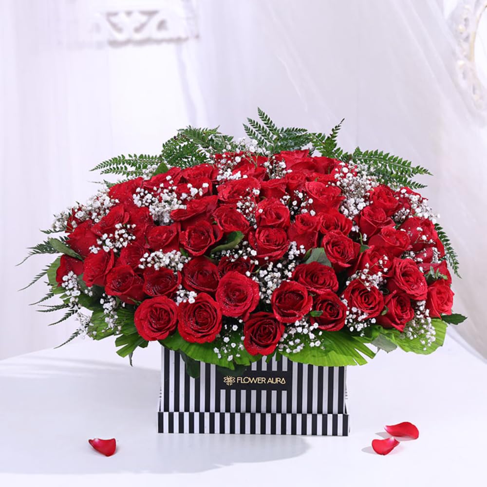 FlowerAura Romantic Fresh Live Flower Bouquet of 50 Red Roses In Luxury FA Box Gift For Birthday | Anniversary | Love Surprise | Rose Day | Valentine's Day (Same Day Delivery)-image-48