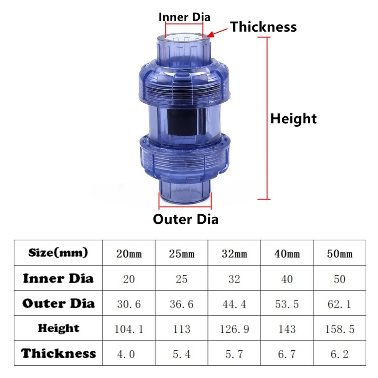 1 sztuk ID 20mm-63mm przezroczysty niebieski UPVC podwójny zawór zwrotny złączka montaż nawadniania ogrodu akwarium złącza zwrotne(Inner Dia 63mm)