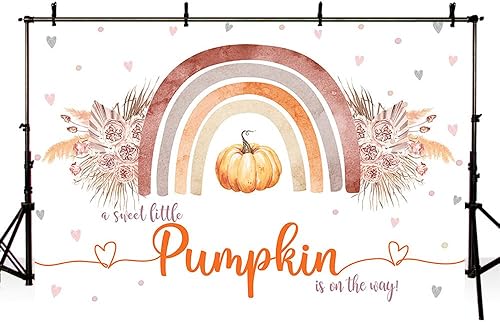 Miniatura 4 de Sendy Telón de fondo bohemio de 10 x 7 pies con diseño de calabaza y arco iris para baby shower, suministros de decoración de fiesta de otoño para