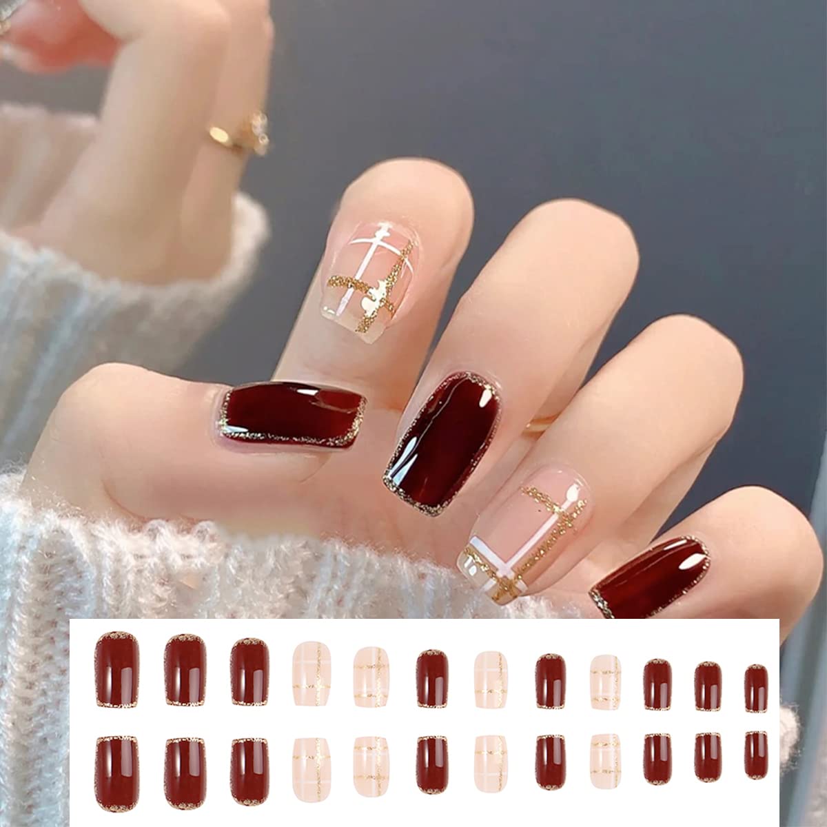 HXDSUP Artificial Nails, False Nails, Acrylic Press Nails for Sticking, 24 Pieces for Women and Girls (a) (Long Island Iced Camellia) - Image 2