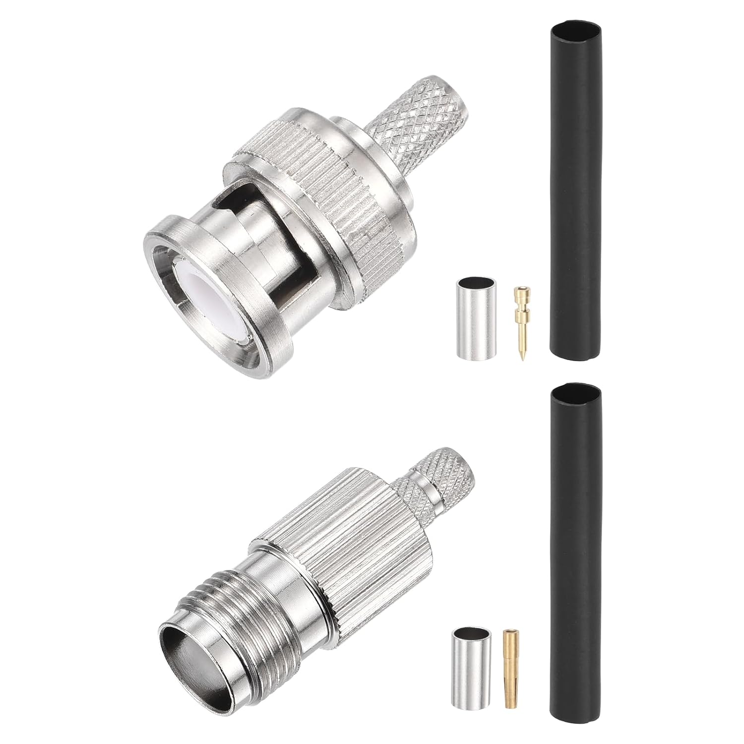 MECCANIXITY 2Pcs BNC Crimp Connectors Kit 3.2mm 50 Ohm BNC Male & Female Solder Attachment for RG58 RG142 Coax Cable with Heat Shrink Tubing for Antenna Security Camera Wireless Internet