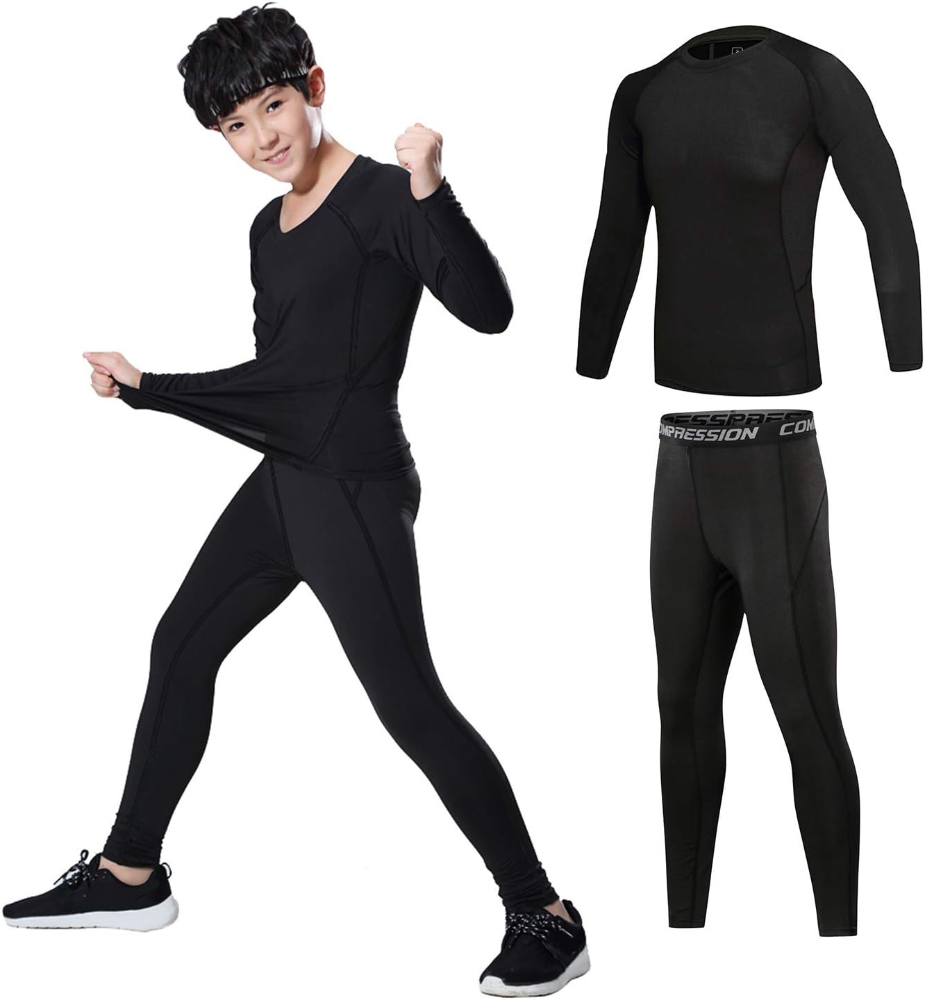 2/3/4 Pcs Boys Girls Base Layer Athletic Compression Leggings and Shirts Thermal Underwear Set Running Pants Tights