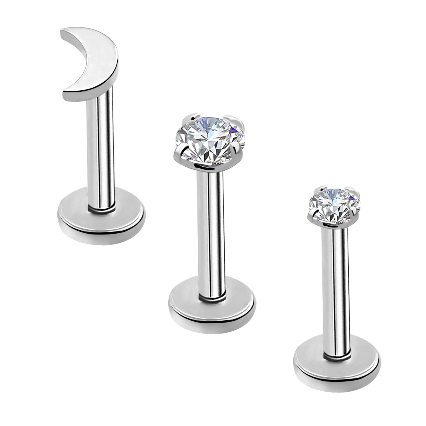 3PCS Titanium Flat Back Tragus Earrings Labret Piercings Pack Internally Thread Monroe Lip Rings Helix Cartilage Conch Ear Nose Studs Jewellery