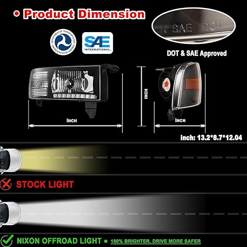 Miniatura 6 de Nixon Offroad Faros delanteros para Dodge Ram 1500 2500 3500 1994-2002, proyector LED DRL, luces direccionales de repuesto de haz alto y bajo, 1 par