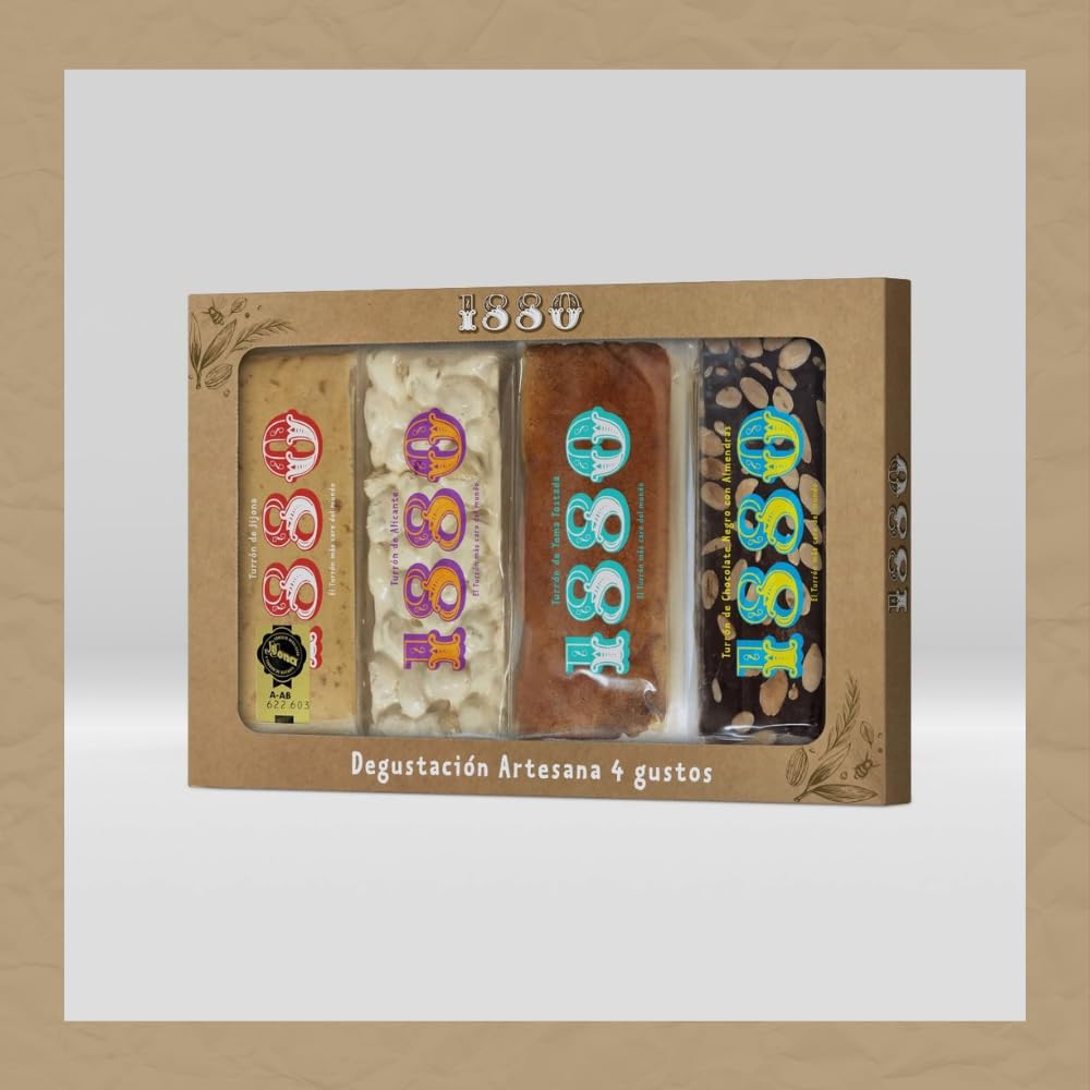 1880 - Degustación Turrones Artesana 4 gustos, Turrón de jijona, de Alicante, de Yema, de Chocolate, 4 x 75g, Pack de 300g