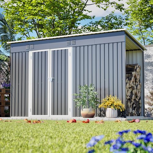 YOPTO 4x10 FT Outdoor Storage Shed with Floor Metal Shed W/Log Store Garden Tool Storage House W/Lockable Door & Sloped Roof for Backyard Patio Lawn Gray