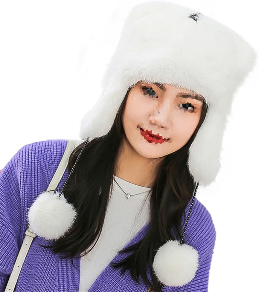 100% Real Rabbit Fur Hat Thicken Winter Warm Ushanka Earflap Cute Cap for Girl (White+Black M)