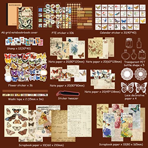 Emmoolife Vintage Aesthetic Scrapbooking Supplies Kit, Butterfly Bullet Junk Journal Scrapbook Kit With Journaling Supplies, A6 Grid Notebook, Stationery, Birthday Craft Gift For Teen Girl Kid Women #TOP1