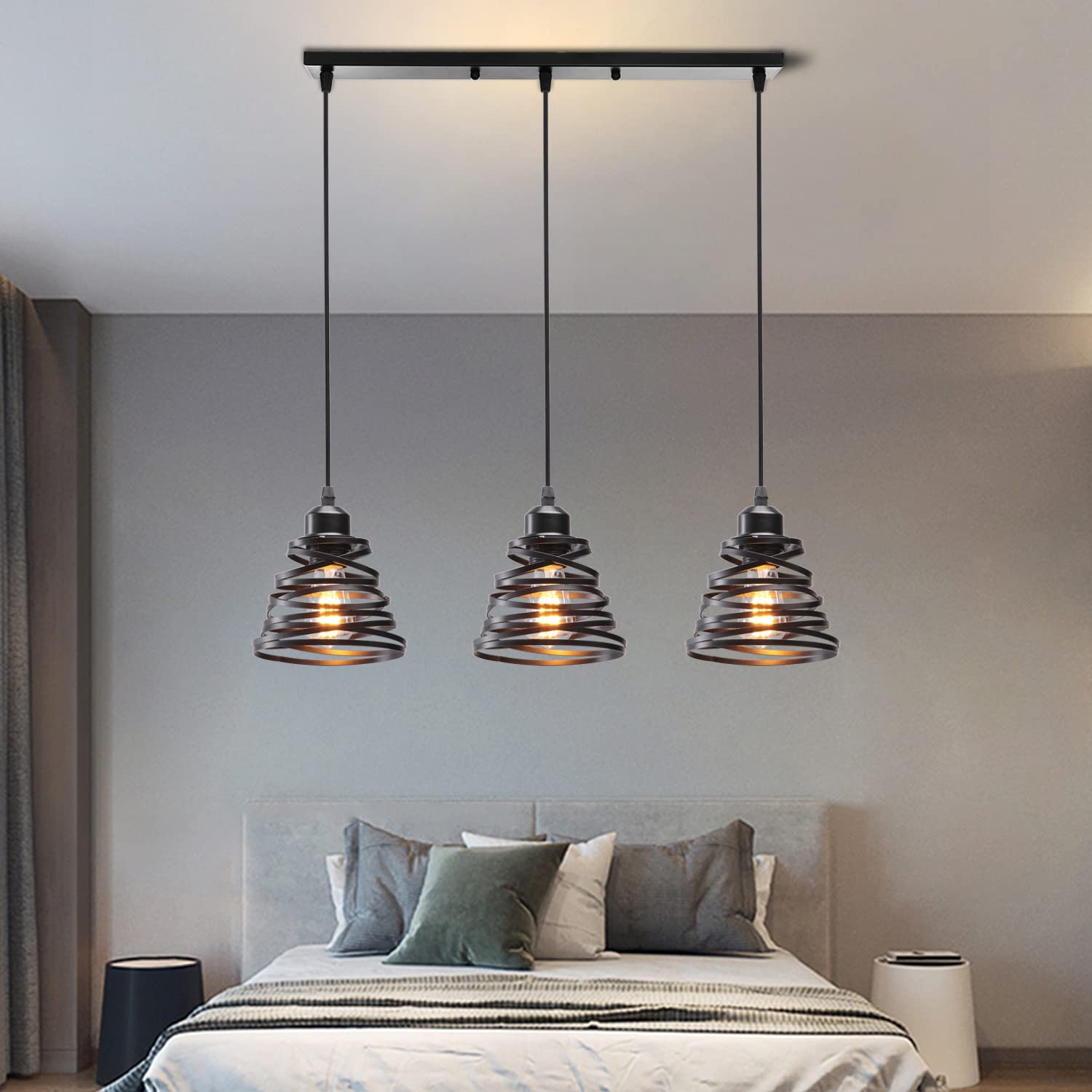 iDEGU 3-flammig Pendelleuchte Moderne Spirale Design Metall Lampenschirm E27 Vintage Lampe Industrielle Hängelampe für Schlafzimmer Wohnzimmer Küche Esszimmer (3-flammig Hängeleuchte, Schwarz, Balken)